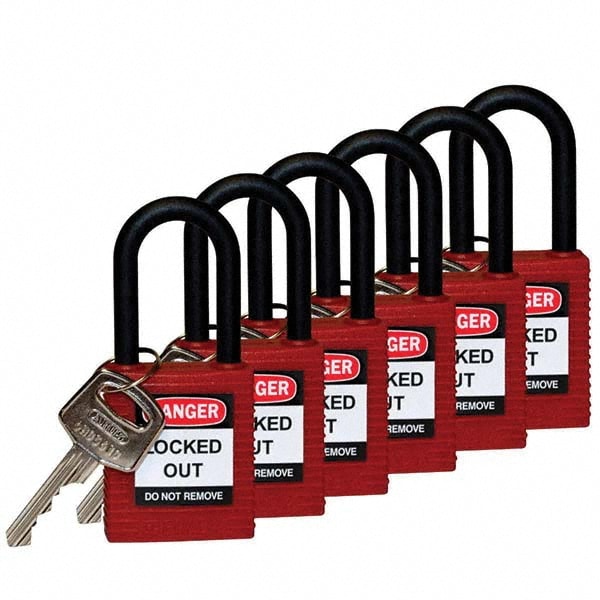 Lockout Padlock: Keyed Different, Key Retaining, Nylon, Nylon Shackle, Red