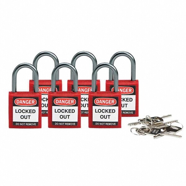 Lockout Padlock: Keyed Alike, Key Retaining, Nylon, 1" High, Nylon Shackle, Red