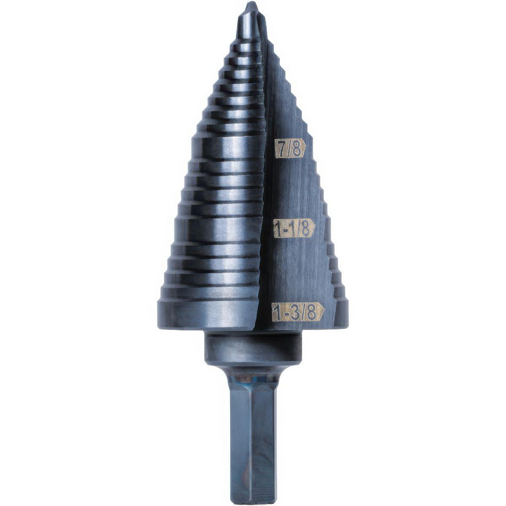 Klein Tools Step Drill Bit: 7/8 to 1-3/8" Hole Dia, 3/8" Shank Dia, High-Speed Steel, 3 Hole Sizes - 1/16" Step Length, 5-13/64" OAL, Oxide Finish