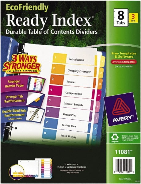 11 x 8 1/2" 1 to 8" Label, 8 Tabs, 3-Hole Punched, Preprinted Tab Dividers