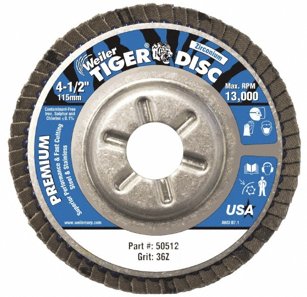 Flap Disc:  4-1/2" Dia, 7/8" Hole, Zirconia Alumina, Type 29 - Coated, Extra Coarse Grade, Cloth-Backed, 13000 Max RPM