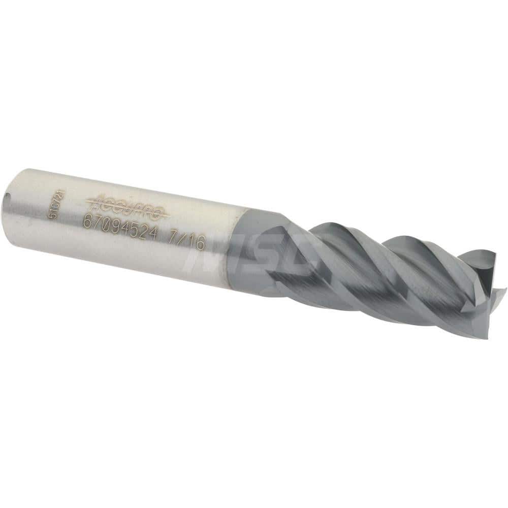 Accupro 12177087 Square End Mill: 7/16 Dia, 1 LOC, 7/16 Shank Dia, 2-3/4 OAL, 4 Flutes, Solid Carbide 