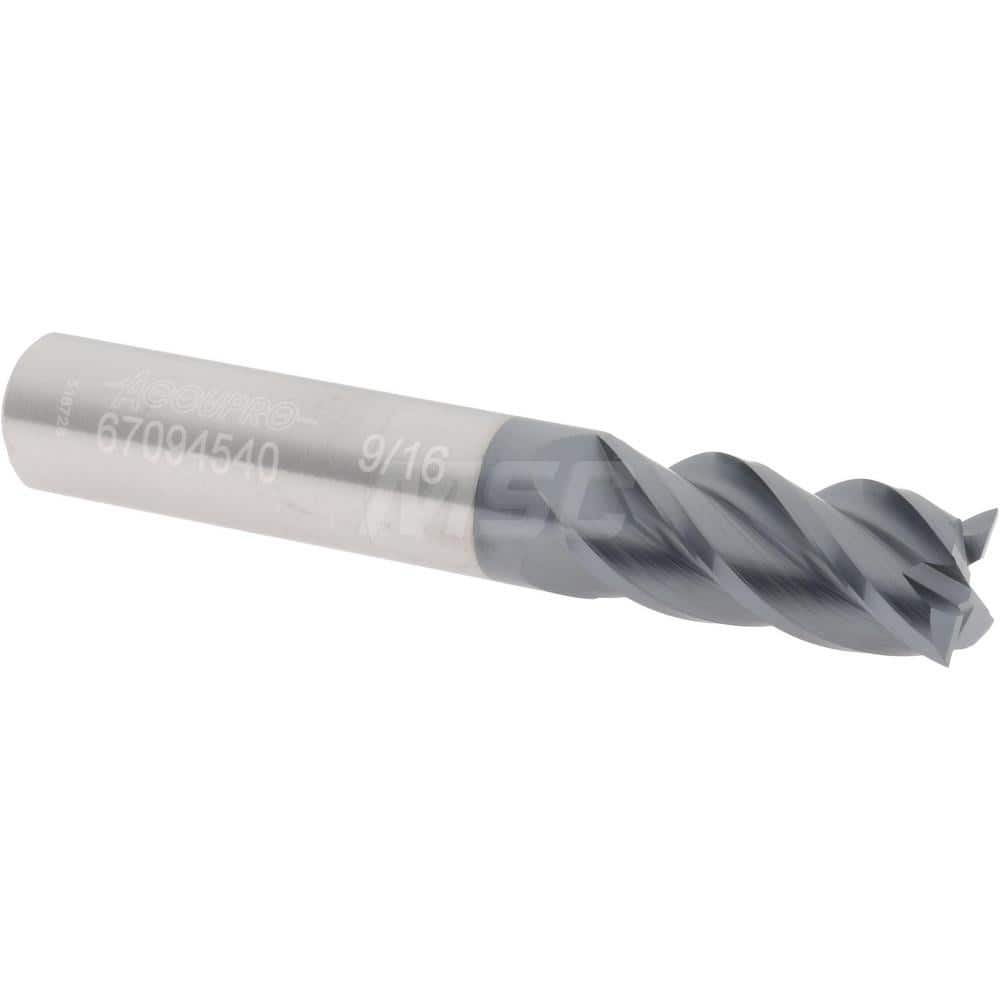 Accupro 12177091 Square End Mill: 9/16 Dia, 1-1/4 LOC, 9/16 Shank Dia, 3-1/2 OAL, 4 Flutes, Solid Carbide 