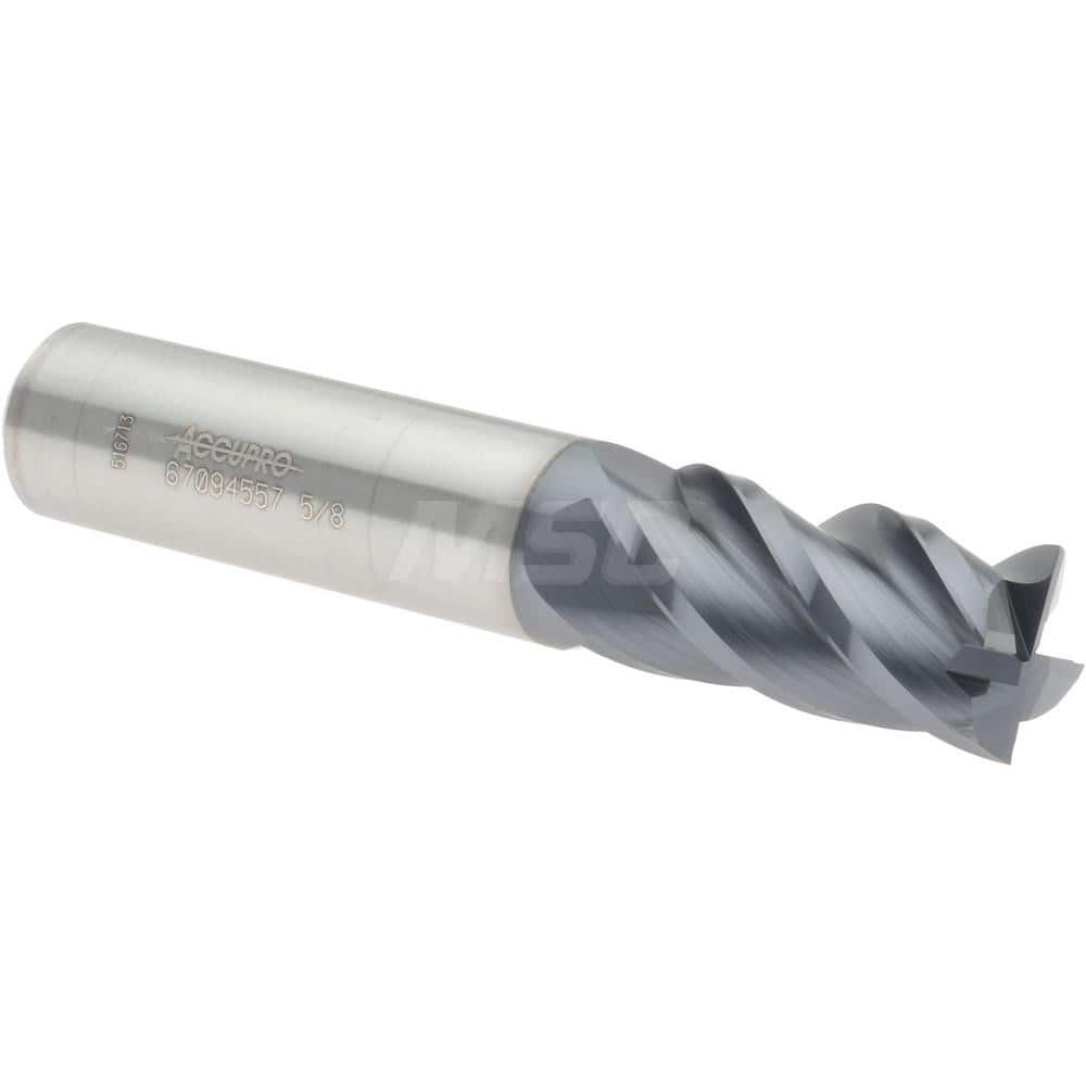 Accupro 12177093 Square End Mill: 5/8 Dia, 1-1/4 LOC, 5/8 Shank Dia, 3-1/2 OAL, 4 Flutes, Solid Carbide 