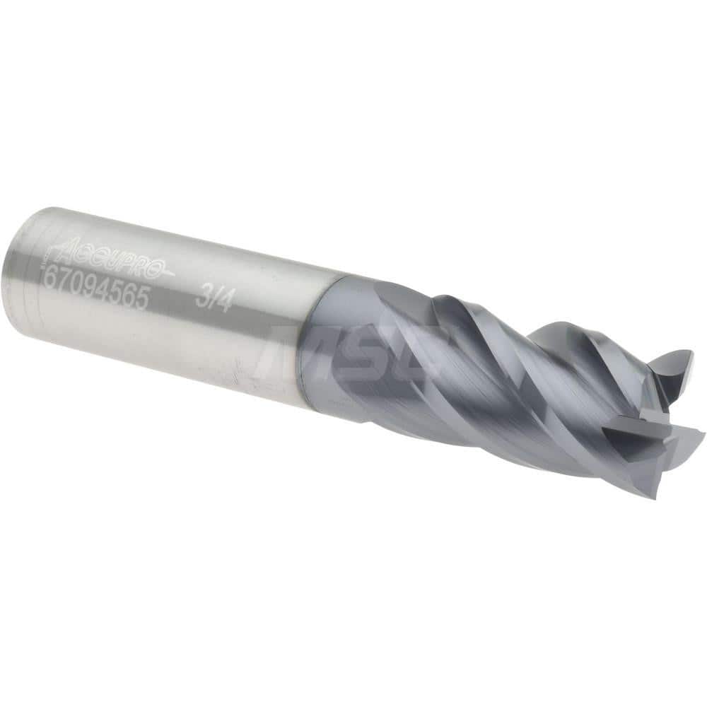 Accupro 12177095 Square End Mill: 3/4 Dia, 1-1/2 LOC, 3/4 Shank Dia, 4 OAL, 4 Flutes, Solid Carbide 