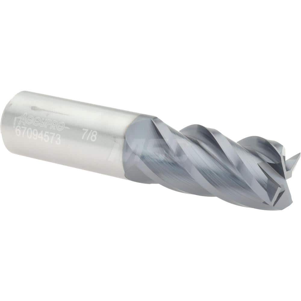 Accupro 12177097 Square End Mill: 7/8 Dia, 1-3/4 LOC, 7/8 Shank Dia, 4 OAL, 4 Flutes, Solid Carbide 
