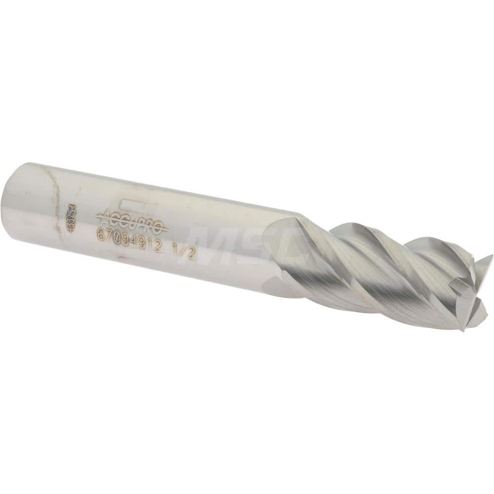 Accupro 12177088 Square End Mill: 1/2 Dia, 1 LOC, 1/2 Shank Dia, 3 OAL, 4 Flutes, Solid Carbide 
