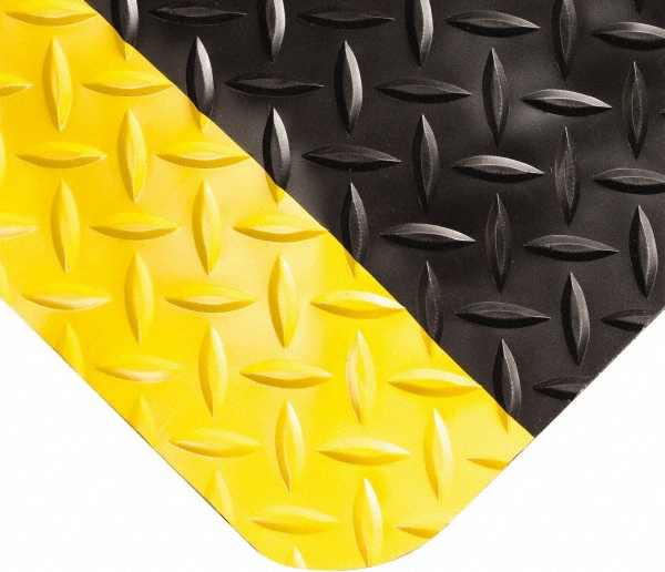 Anti-Fatigue Mat: 6' Long, 2' Wide, 9/16 Thick, Vinyl, Beveled Edges, Heavy-Duty - Diamond Plate Surface, Black & Yellow, for Dry Areas