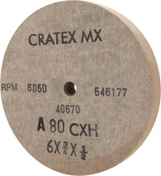 Cratex 40670 Surface Grinding Wheel: 6" Dia, 3/4" Thick, 1/2" Hole, 80 Grit 