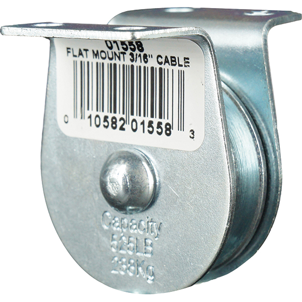525 Lbs. Load Limit, Flat Standard Block - Upright Mount, Single Sheave, 1-1/2" Outside Dia, Wire Rope, 3/16" Dia, Eye, 5/8" Inside Dia, Carbon Steel, Zinc Plated Finish