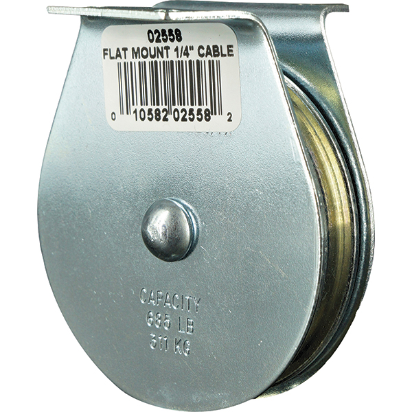 685 Lbs. Load Limit, Flat Standard Block - Upright Mount, Single Sheave, 2-1/2" Outside Dia, Wire Rope, 1/4" Dia, Eye, 7/8" Inside Dia, Carbon Steel, Zinc Plated Finish