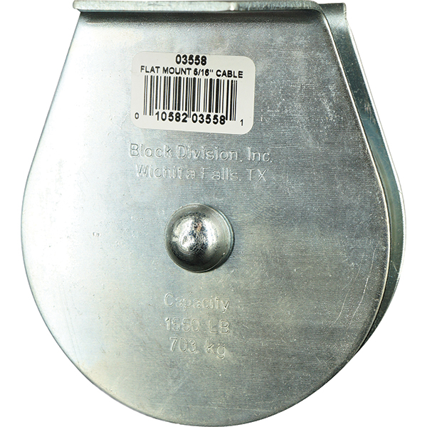 1, 550 Lbs. Load Limit, Flat Standard Block - Upright Mount, Single Sheave, 3-1/2" Outside Dia, Wire Rope, 5/16" Dia, Eye, 1-3/16" Inside Dia, Carbon Steel, Zinc Plated Finish