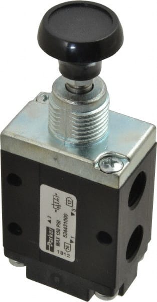 Mechanically Operated Valve: 3-Way & 2-Position, Button-Manual Return Actuator, 1/4" Inlet, 1/4" Outlet, 2 Position