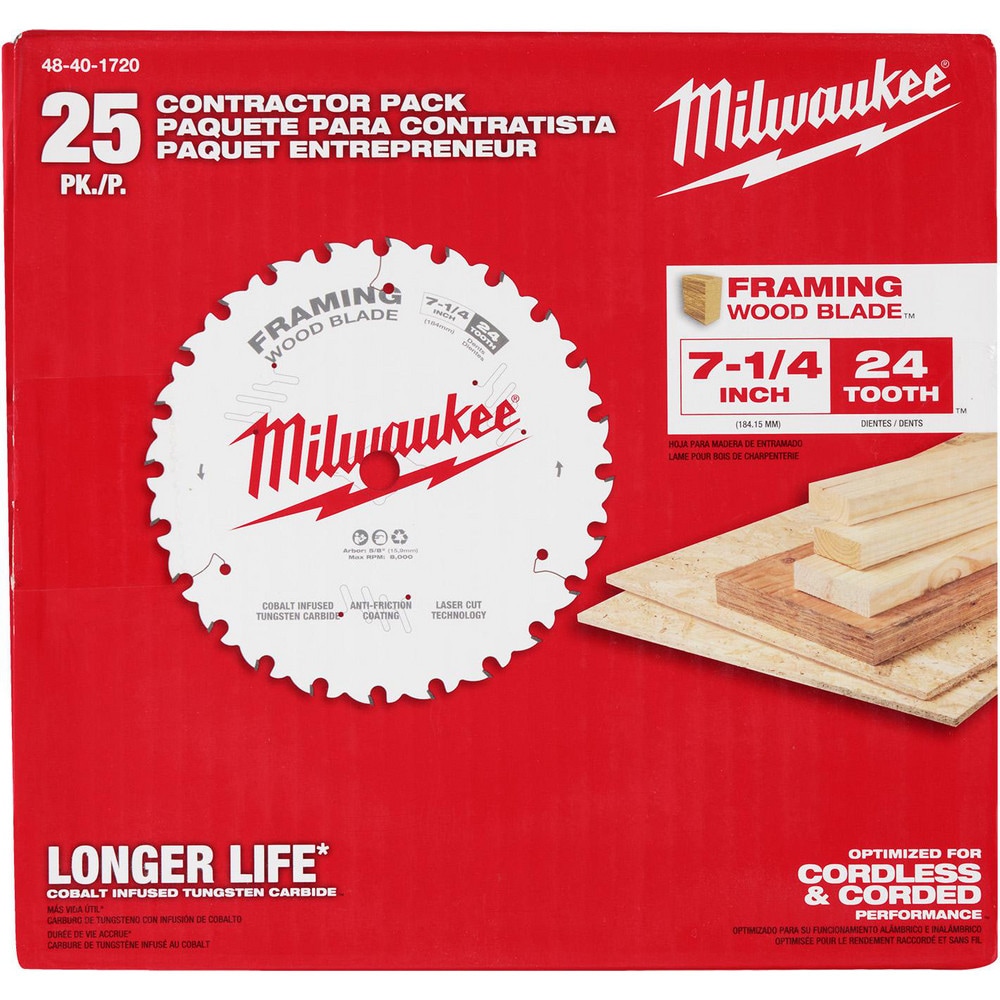 Milwaukee Tool 48-40-1720 Wet & Dry-Cut Saw Blades; Blade Diameter (Inch): 7-1/4 ; Blade Material: Carbide ; Blade Thickness (Decimal Inch): 0.3000 ; Arbor Hole Diameter (Inch): 5/8 ; Number of Teeth: 24 ; Application: Cutting; Framing; Woodworking Image