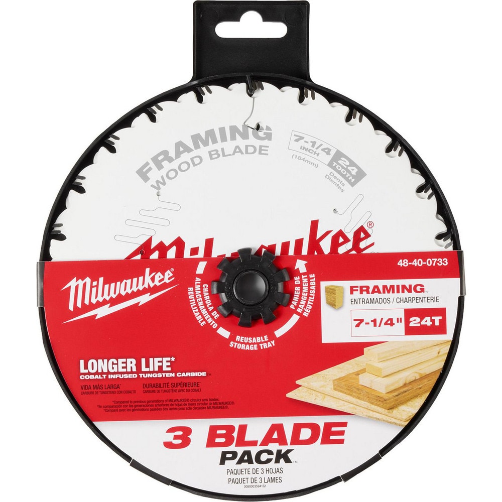 Milwaukee Tool 48-40-0733 Wet & Dry-Cut Saw Blades; Blade Diameter (Inch): 7-1/4 ; Blade Material: Carbide ; Blade Thickness (Decimal Inch): 0.3000 ; Arbor Hole Diameter (Inch): 5/8 ; Number of Teeth: 24 ; Application: Cutting; Framing; Woodworking Image