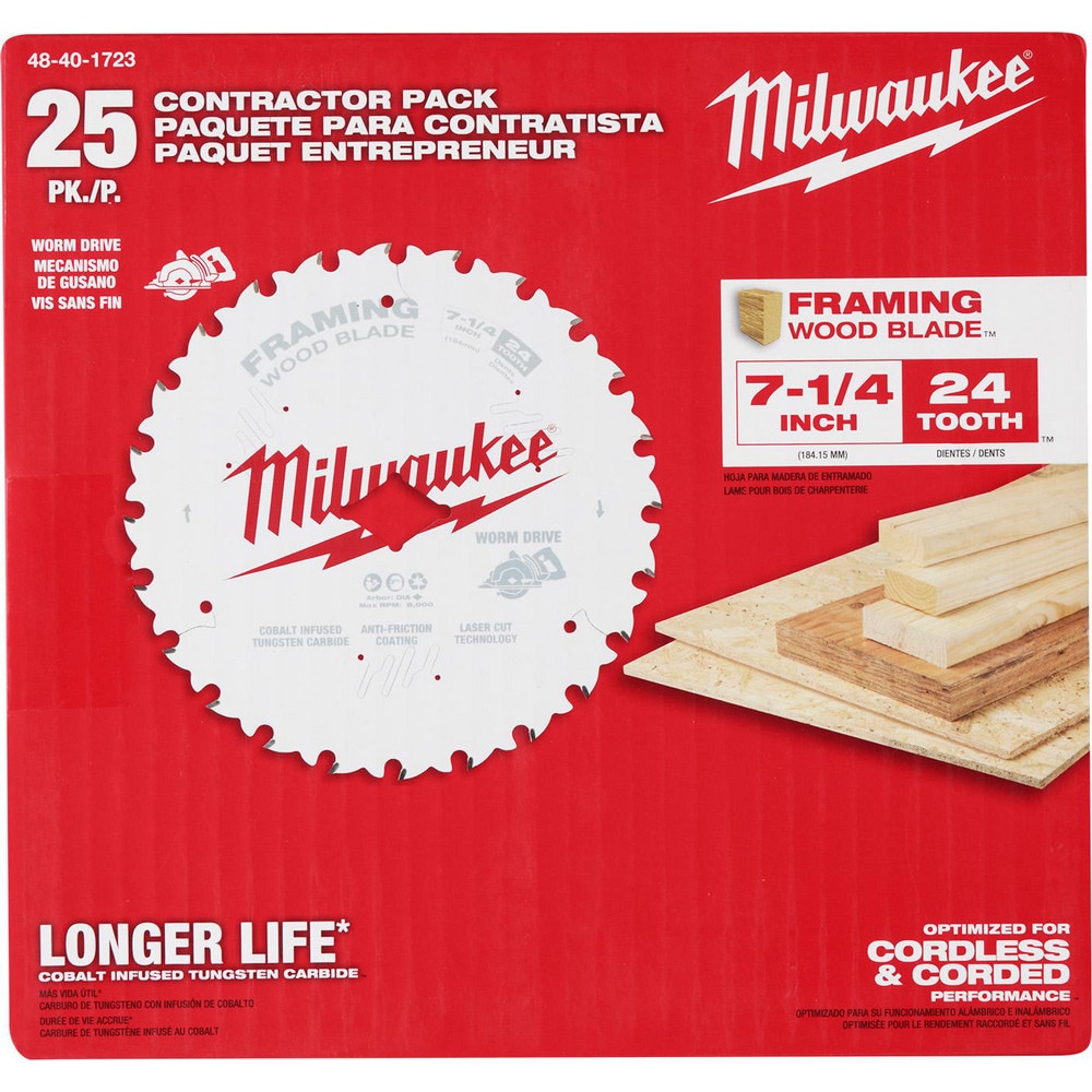 Milwaukee Tool 48-40-1723 Wet & Dry-Cut Saw Blades; Blade Diameter (Inch): 7-1/4 ; Blade Material: Carbide ; Blade Thickness (Decimal Inch): 0.3000 ; Arbor Hole Diameter (Inch): 5/8 ; Number of Teeth: 24 ; Application: Cutting; Framing; Woodworking Image