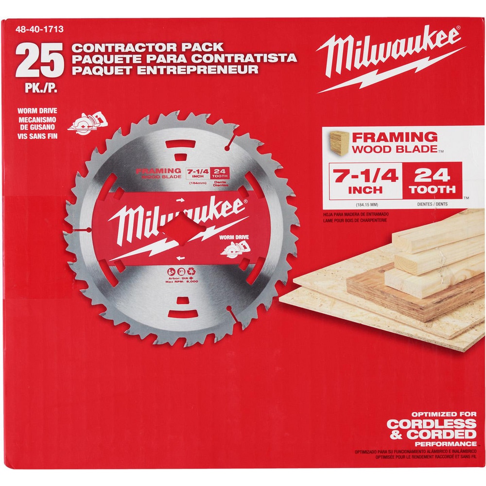 Milwaukee Tool 48-40-1713 Wet & Dry-Cut Saw Blades; Blade Diameter (Inch): 7-1/4 ; Blade Material: Carbide ; Blade Thickness (Decimal Inch): 0.3000 ; Arbor Hole Diameter (Inch): 5/8 ; Number of Teeth: 24 ; Application: Cutting; Framing; Woodworking; Construction 