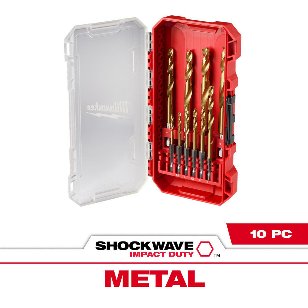 Drill Bit Set:  Hex Shank Drill Bits,  10 Pc,  High-Speed Steel - TiN, Standard & Straight, Hex & Straight Shank