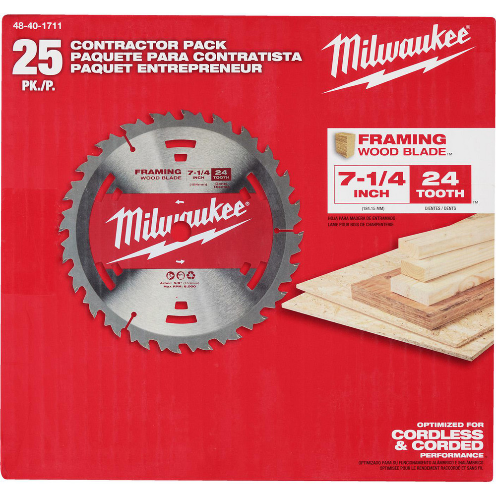 Milwaukee Tool 48-40-1711 Wet & Dry-Cut Saw Blades; Blade Diameter (Inch): 7-1/4 ; Blade Material: Carbide ; Blade Thickness (Decimal Inch): 0.3000 ; Arbor Hole Diameter (Inch): 5/8 ; Number of Teeth: 24 ; Application: Cutting; Framing; Woodworking; Construction 