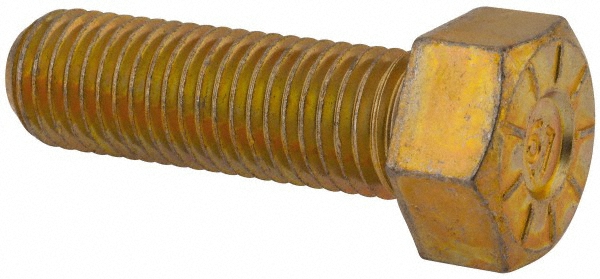 Made in USA Hex Head Cap Screw: 3/4-10, 2-1/2" Length Under Head, Grade L9 Steel, Yellow Zinc Dichromate Finish - Fully Threaded, 1-1/8" Hex, 180000