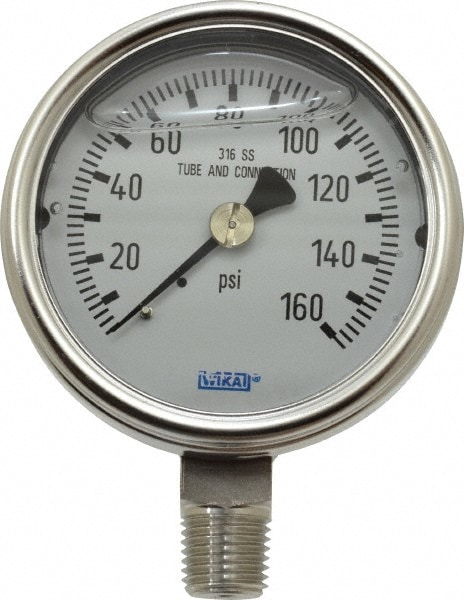 Wika 9831899 Pressure Gauge: 2-1/2" Dial, 0 to 160 psi, 1/4" Thread, NPT, Lower Mount Image