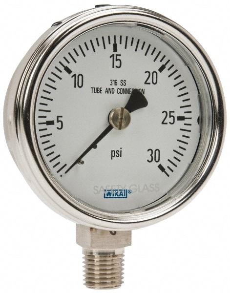 Wika 9744908 Pressure Gauge: 2-1/2" Dial, 0 to 30 psi, 1/4" Thread, NPT, Lower Mount Image