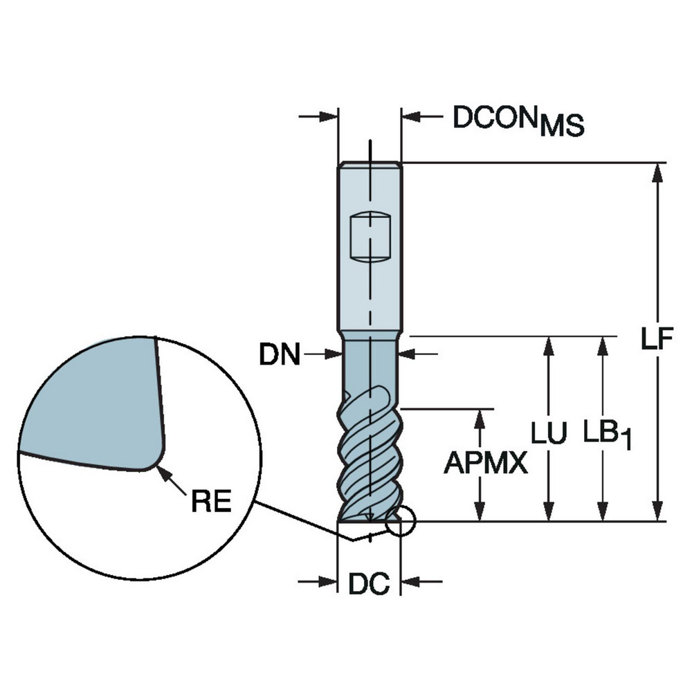 Sandvik Coromant Corner Radius End Mill 1/2" Dia, 1.126" LOC, 0.0300" Radius, 5 Flute, Solid