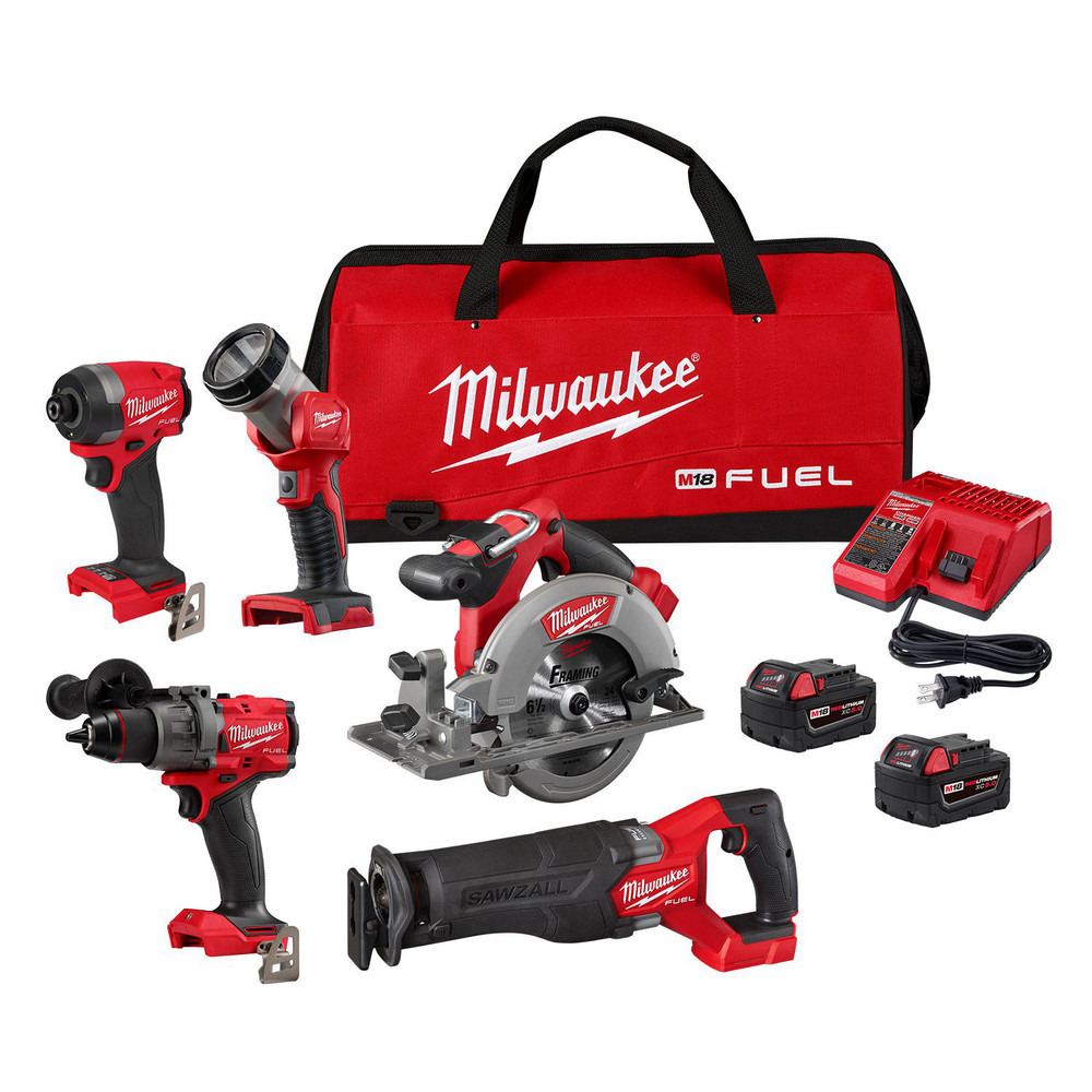 M18 FUEL&trade; 5-Tool Combo Kit - Includes M18 Fuel Hammer Drill (2904-20), M18 Fuel 1/4" Hex Impact Driver (2953-20), Gen 2 M18 Fuel Sawzall (2821-20), M18 Fuel 6-1/2" Circ Saw (2730-20) M18 Worklight (2735-20), (2) M18 XC5.0 Battery (48-11-1850), M18 & M12 Charger (48-59-1812), Bag, (1) Side Handle, (2) Belt Clips, (1) Circular saw blade, (1) Blade wrench