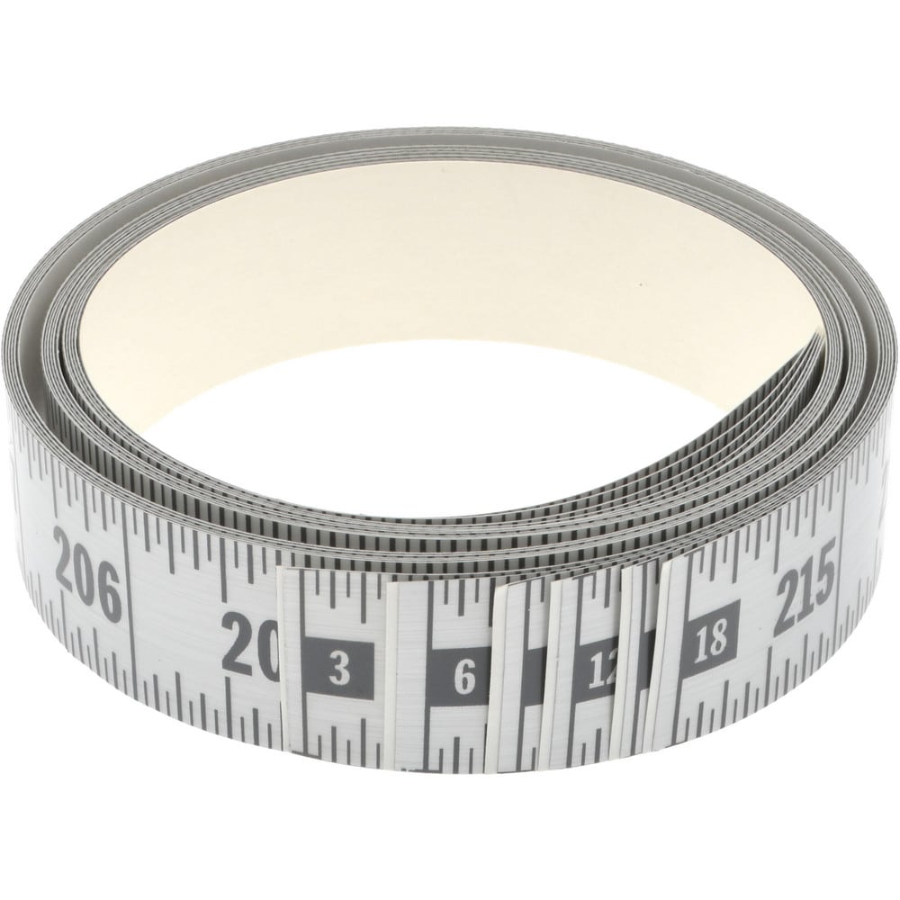 Made in USA 12 ft. Long x 1-1/4 inch Wide, 1/16 inch Graduation, Silver, Mylar Adhesive Tape Measure - Reads Right to Left, Horizontal Scale