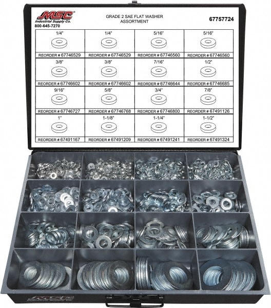 1840 Piece, 1/4 to 1-1/2" Screw, Grade 2 Steel SAE Flat Washer Assortment