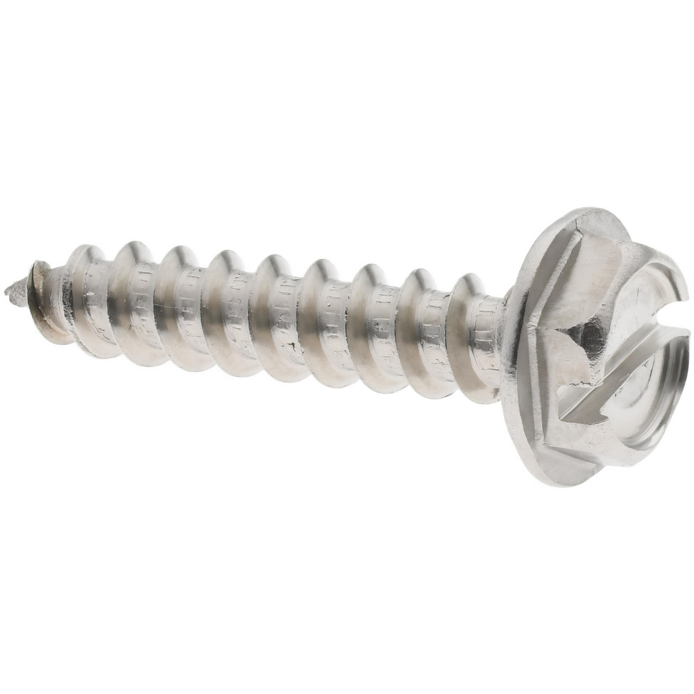 Sheet Metal Screw: #10, Hex Washer Head, Slotted Drive, 1" Length Under Head - Grade 18-8 Stainless Steel