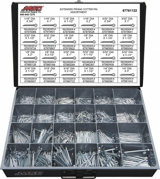 2,325 Piece, 1/16 to 1/4" Pin Diam, Extended Prong Cotter Pin Assortment