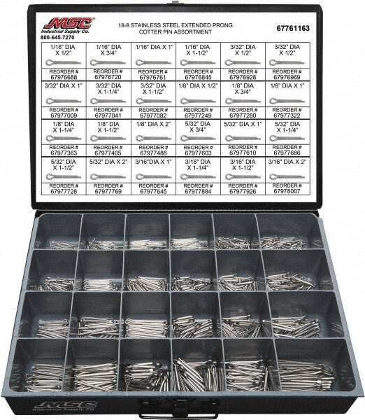 1,250 Piece, 1/16 to 3/16" Pin Diam, Extended Prong Cotter Pin Assortment