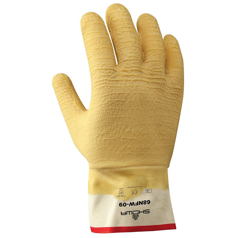 Cut-Resistant Gloves: SHOWA® 68NFW, Cut A3, Puncture 0, Abrasion 0, Size Large, 10-1/4" Long - Cotton & Kevlar, Latex-Coated, Full Coating, Rough Grip, Yellow on Yellow Pair