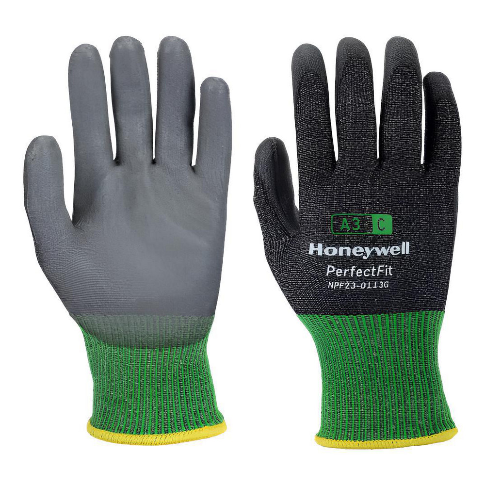 Cut, Puncture & Abrasion-Resistant Gloves: PiP NPF23-0113G, Cut A3, Puncture 3, Abrasion 6, 13 ga, Size Medium - HPPE, Polyurethane-Coated, Palm & Fingertips Coating, Smooth Grip, Gray on Gray<multisep/>Green Pair