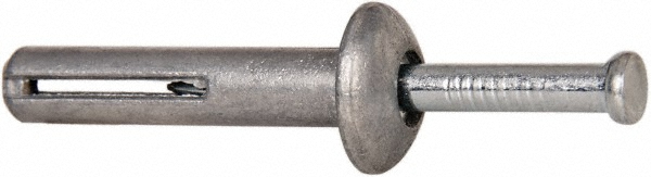1/4" Dia, 1/4" Drill, 1-1/4" OAL, 1-7/8" Min Embedment Hammer Drive Concrete Anchor - Steel (Drive Pin)/Zamac Alloy (Body), Zinc-Plated Finish, Mushroom Head