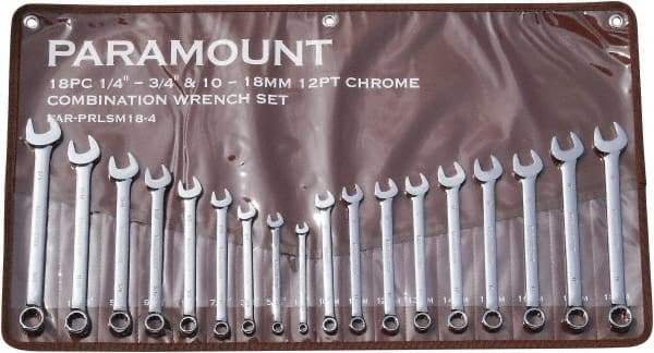 Paramount 022-18MSSET Combination Wrench Set: 18 Pc, 1/2" 1/4" 11/16" 3/4" 3/8" 5/16" 5/8" 7/16" & 9/16" Wrench, Inch & Metric 