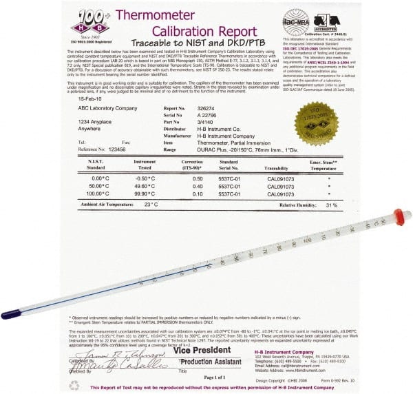 H-B Instruments 602051100 -20 to 110°C, Organic Filled Precision Thermometer 