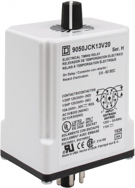 Square D 9050JCK13V20 8 Pin, 1 min Delay, Multiple Range DPDT Time Delay Relay Image