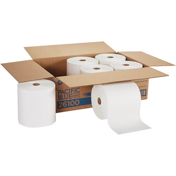 Pack of (6), 800 Sheet, Hard Rolls of 1 Ply White Paper Towels