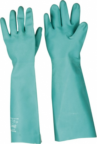 Chemical Resistant Gloves: SHOWA® Size Medium, 22.0000 mil, Nitrile-Coated, Nitrile, Unsupported - Green, 15" OAL, Bisque Grip, Pair, ANSI Abrasion 4, ANSI Cut 0, ANSI Puncture 1, FDA Approved