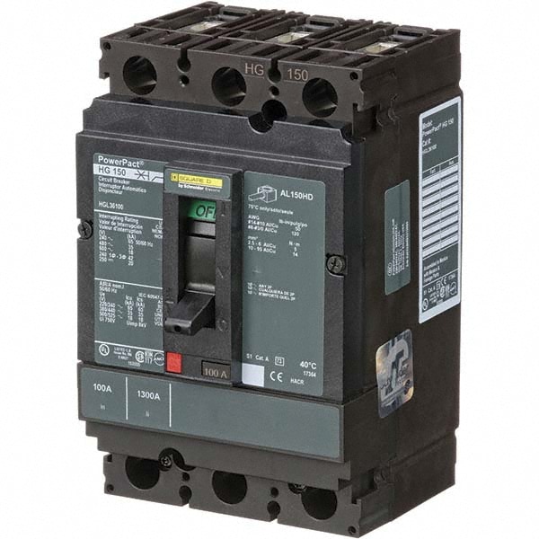 Square D HGL36100 100 Amp, 250 VDC, 600 VAC, 3 Pole, Free Standing, Panel Mount Molded Case Circuit Breaker Image