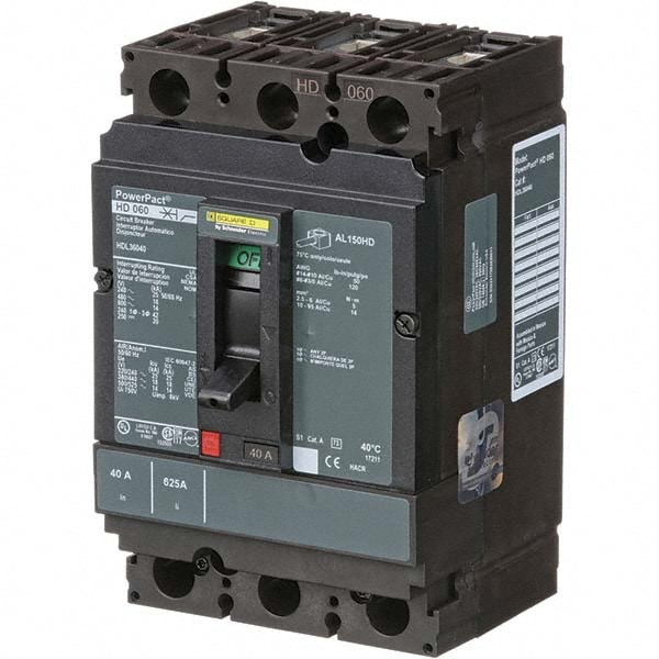 Square D HDL36040 40 Amp, 250 VDC, 600 VAC, 3 Pole, Panel Mount Molded Case Circuit Breaker Image