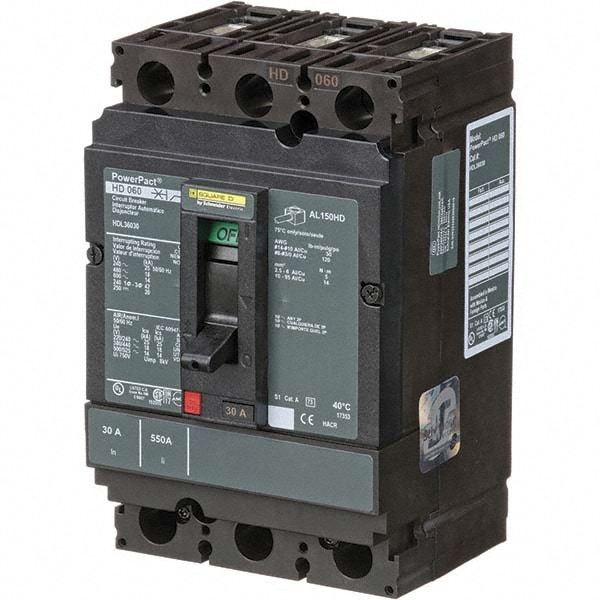 Square D HDL36030 30 Amp, 250 VDC, 600 VAC, 3 Pole, Panel Mount Molded Case Circuit Breaker Image