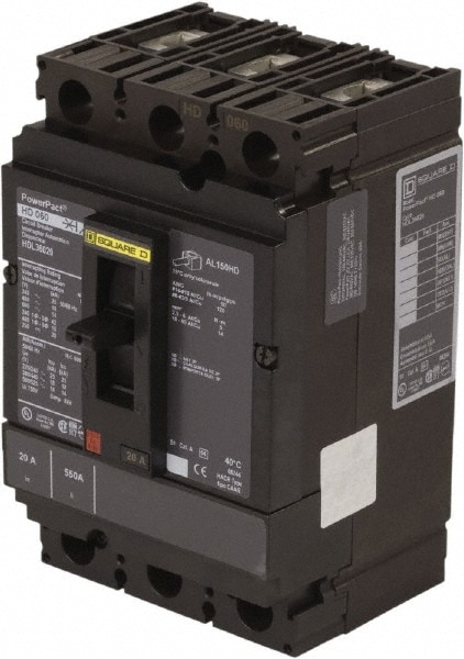 Square D HDL36020 20 Amp, 250 VDC, 600 VAC, 3 Pole, Panel Mount Molded Case Circuit Breaker Image