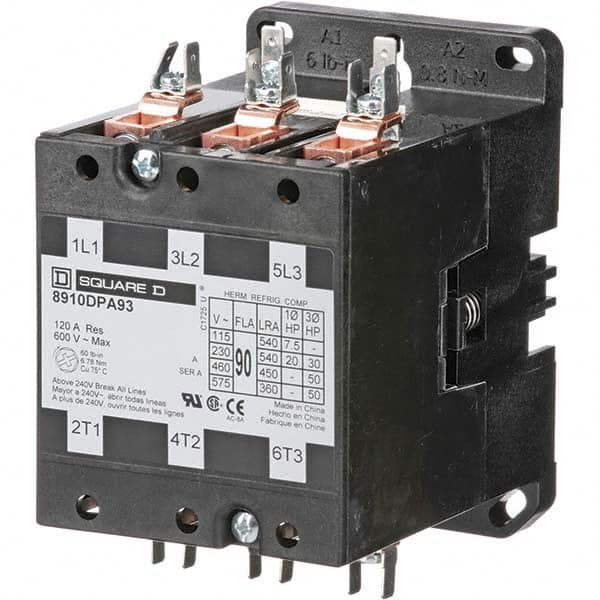 3 Pole, 90 Amp Inductive Load, 110 Coil VAC at 50 Hz and 120 Coil VAC at 60 Hz, Definite Purpose Contactor