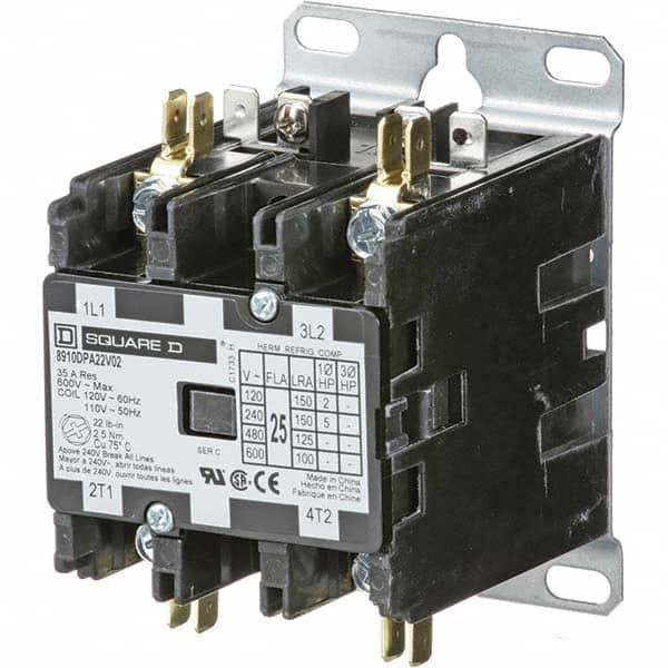 2 Pole, 25 Amp Inductive Load, 110 Coil VAC at 50 Hz and 120 Coil VAC at 60 Hz, Definite Purpose Contactor