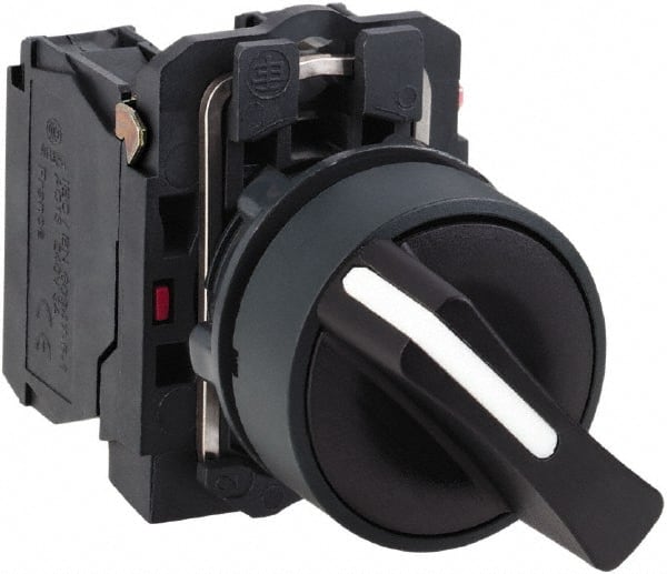 Selector Switch with Contact Blocks: 3 Positions, Maintained (MA), Black Handle
