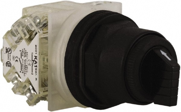 Schneider Electric 9001SKS43BH2 Selector Switch: 3 Positions, Maintained (MA), 600Vac, 10 Amp, Black Knob & Push Button Image