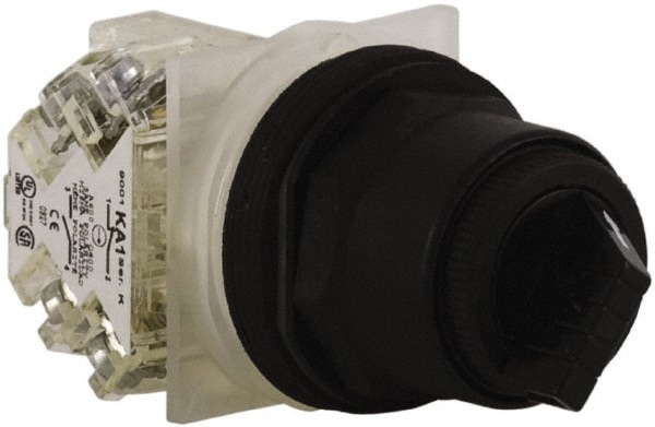 Schneider Electric 9001SKS11BH13 Selector Switch: 2 Positions, Maintained (MA), 600Vac, 10 Amp, Black Knob & Push Button Image